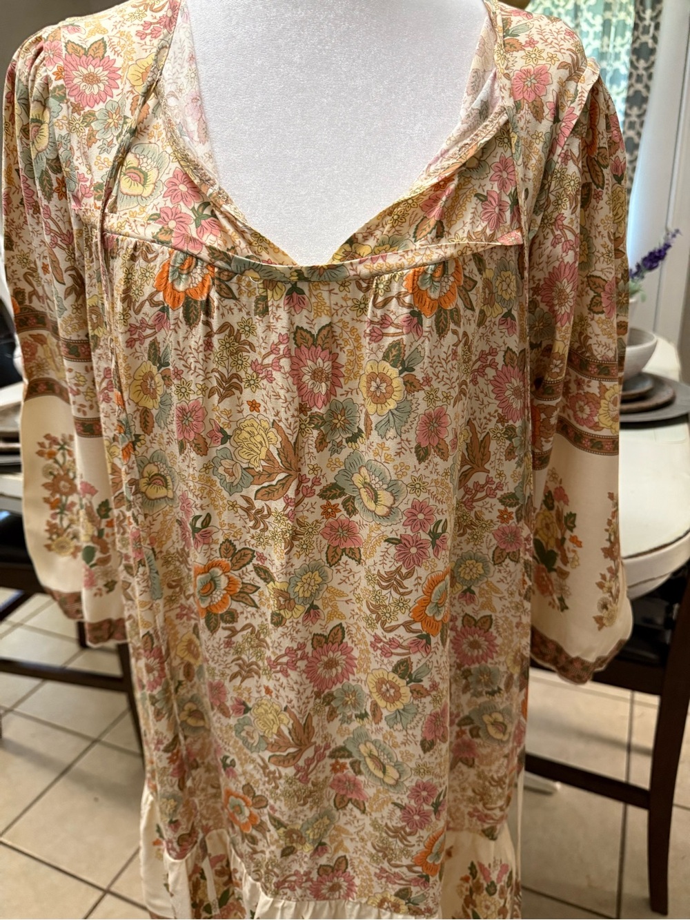 Women's Floral Boho Sleep Tunic - Cream with Pink & Green Floral - Picture 3 of 10